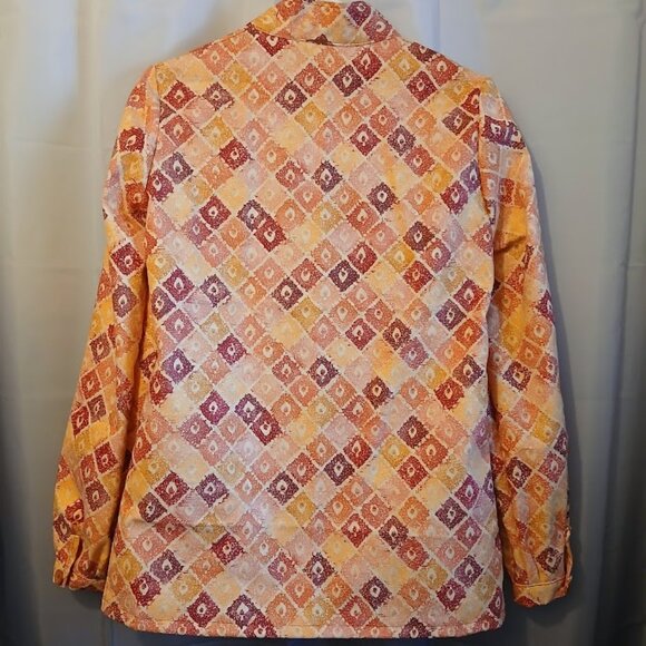Nwt Mock neck Button up Dress Shirt womens M Mustard Peach Magenta geometric LS - Picture 7 of 10